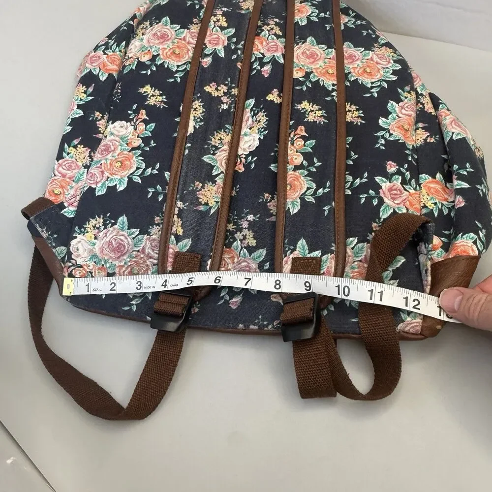 MUDD Backpack Canvas Navy Blue Floral Tassel Pulls Faux Leather EUC